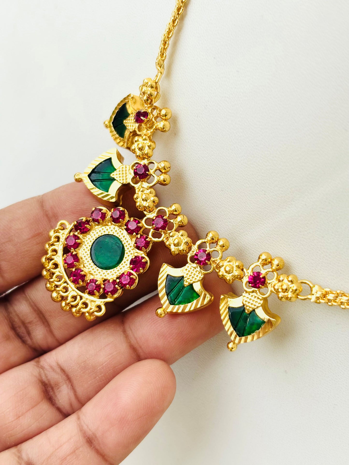 Gold Plated Ruby and Emerald Palakka Style Necklace