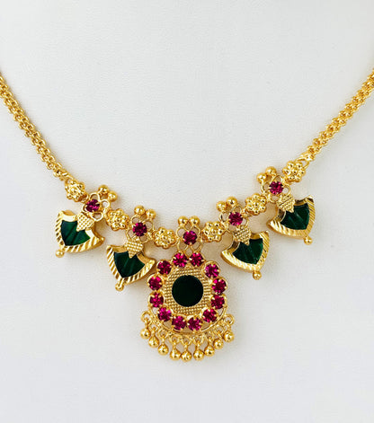 Gold Plated Ruby and Emerald Palakka Style Necklace