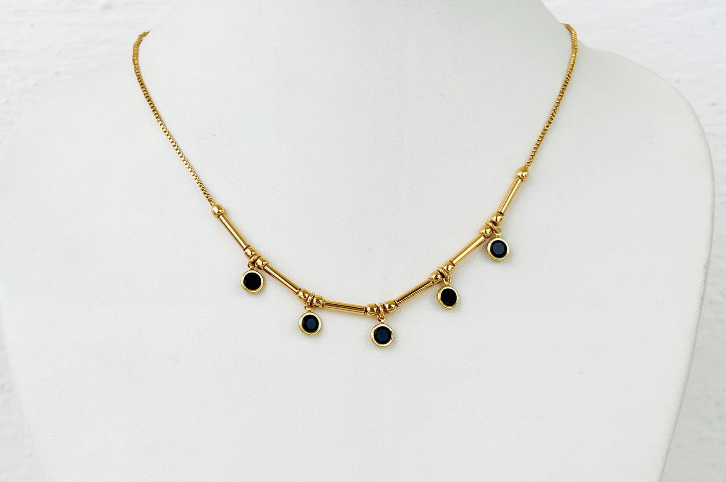 Gold Plated Black Stone Station Necklace