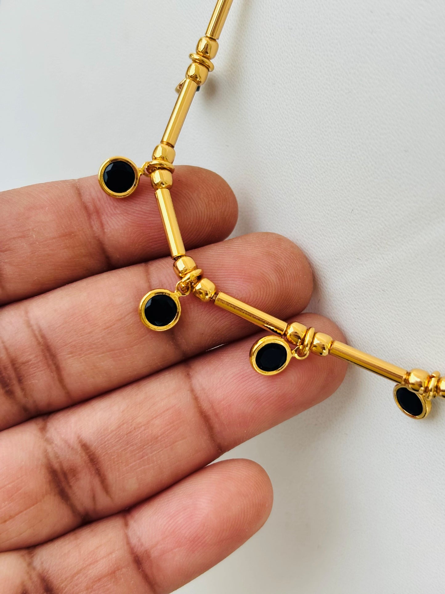 Gold Plated Black Stone Station Necklace
