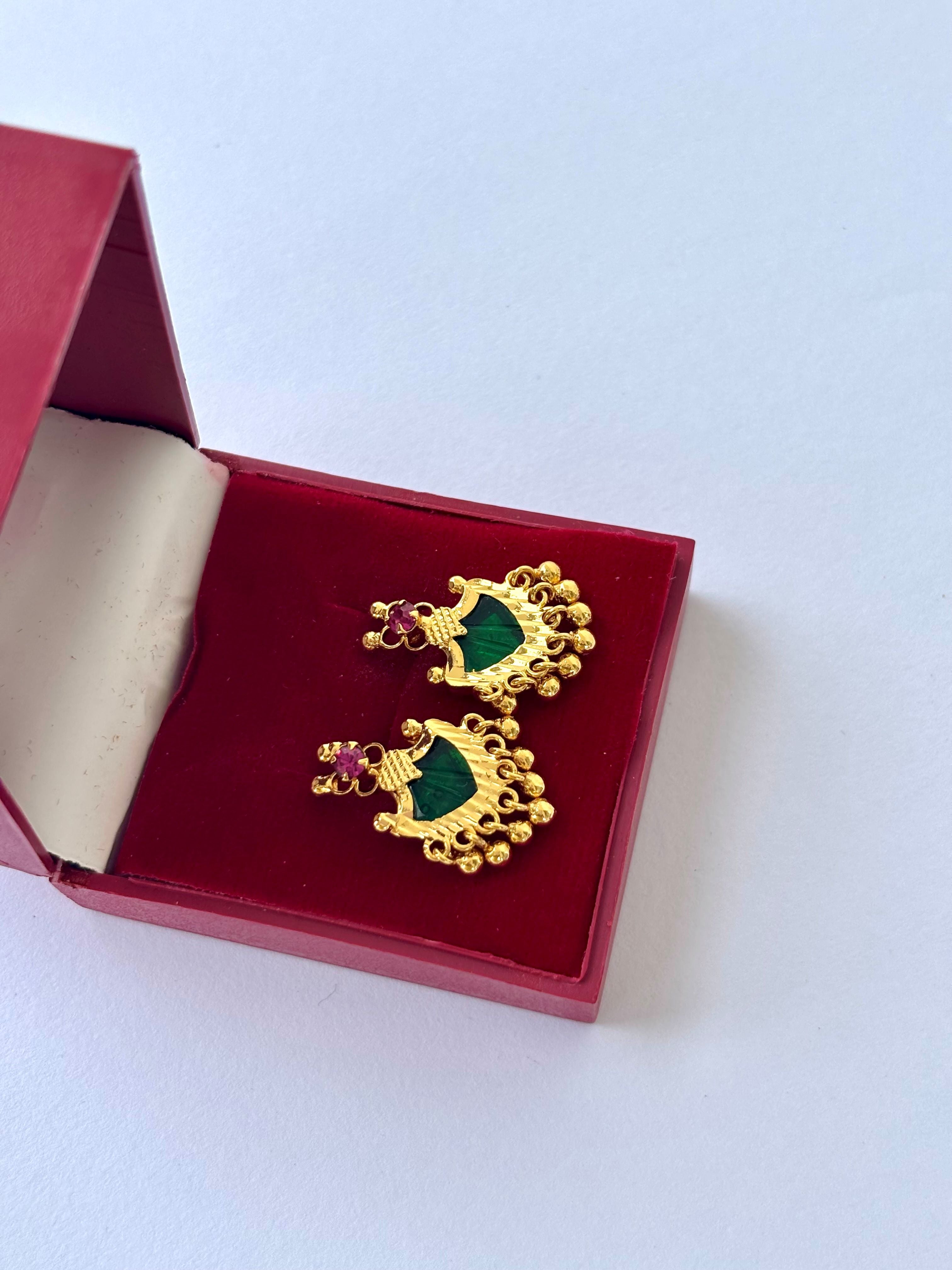 Gold Plated Green Palakka Earrings with Ruby and Gold Beads