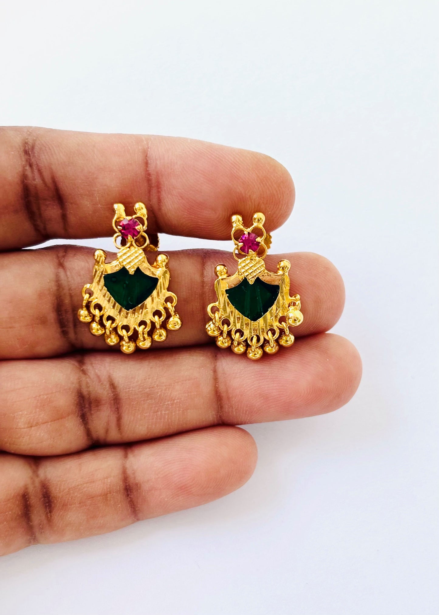 Gold Plated Green Palakka Earrings with Ruby and Gold Beads
