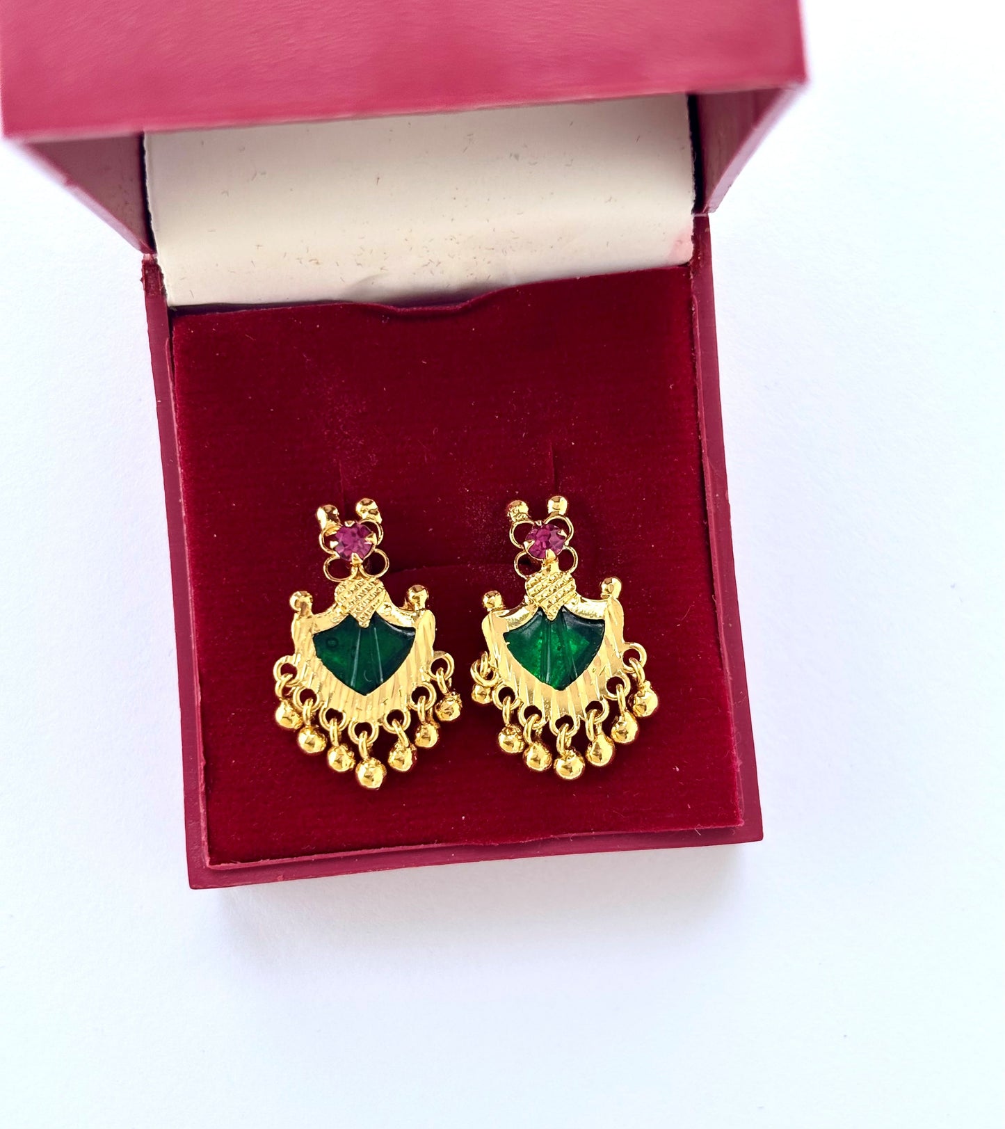Gold Plated Green Palakka Earrings with Ruby and Gold Beads