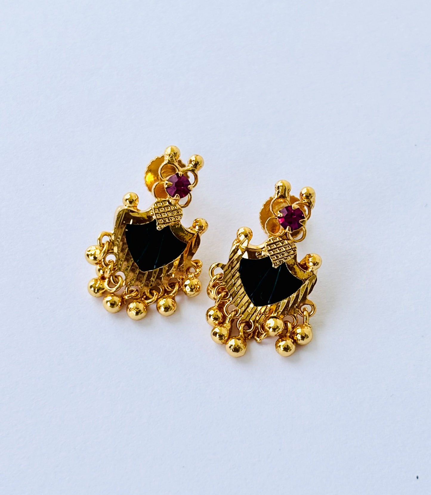 Gold Plated Green Palakka Earrings with Ruby and Gold Beads