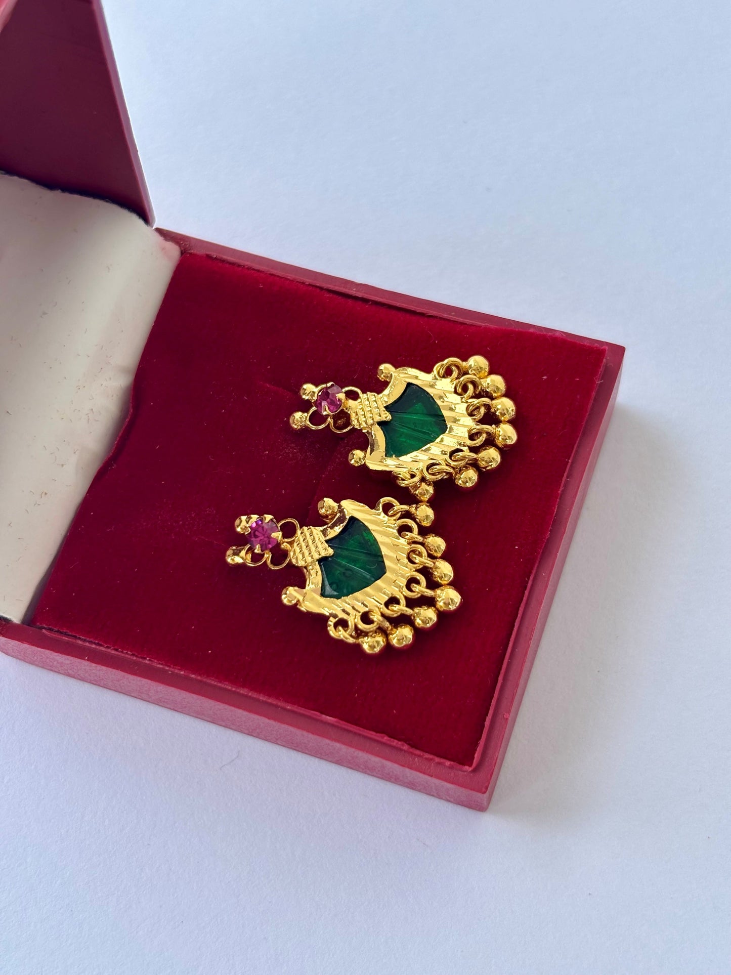 Gold Plated Green Palakka Earrings with Ruby and Gold Beads