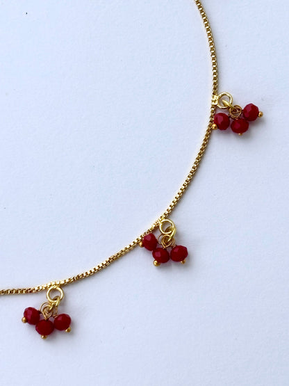 Gold Plated Red Crystal Bead Cluster Necklace