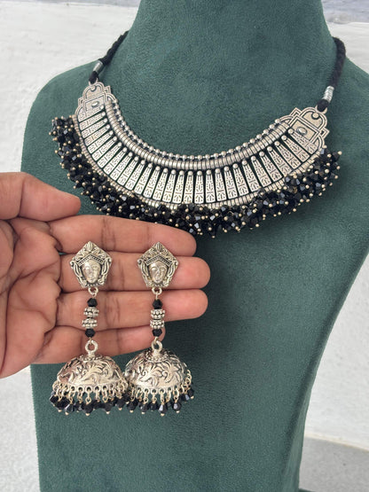 Oxidized Silver Afghani Choker Necklace Set