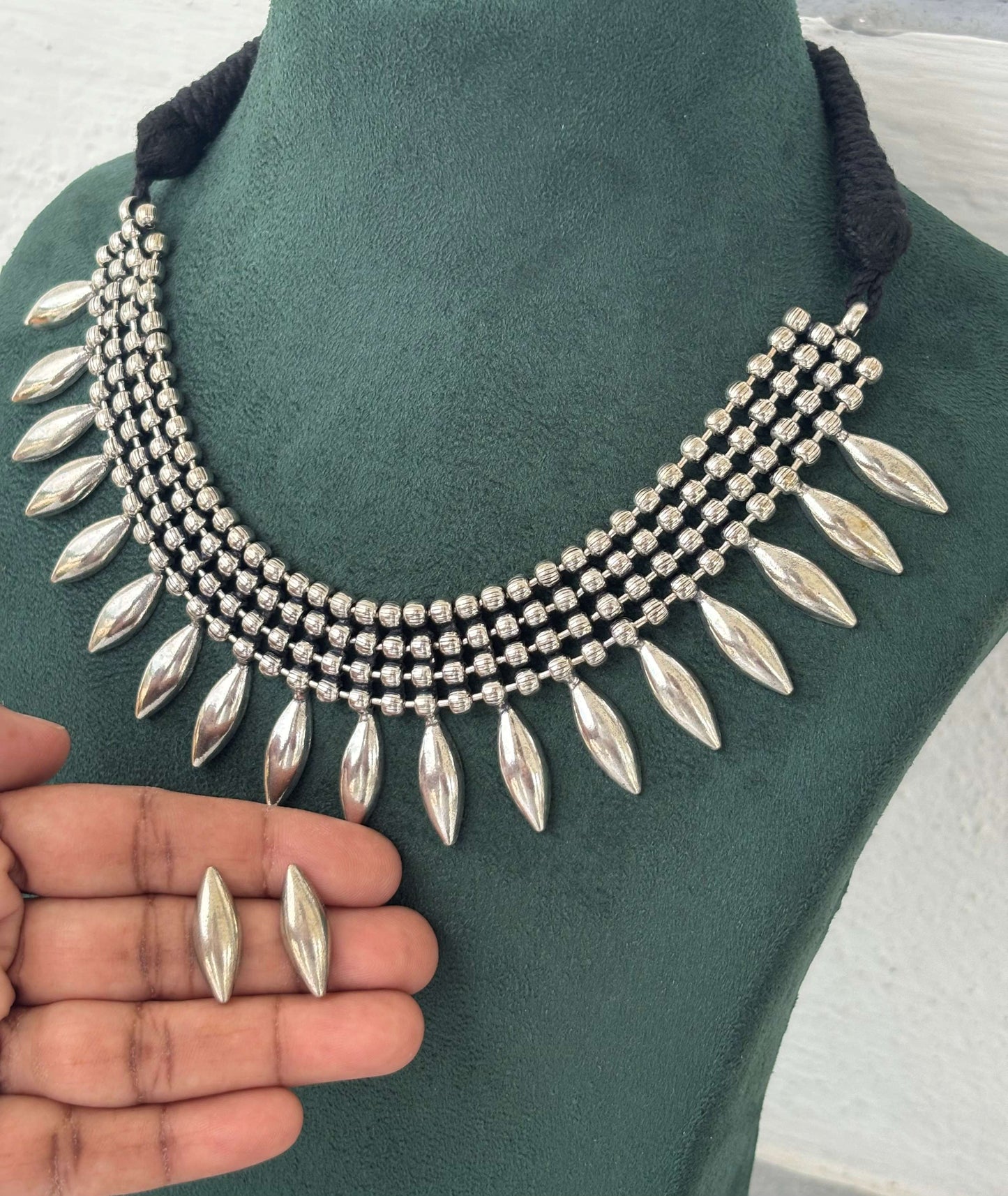 Oxidized Silver Necklace Set with Leaf Dangles