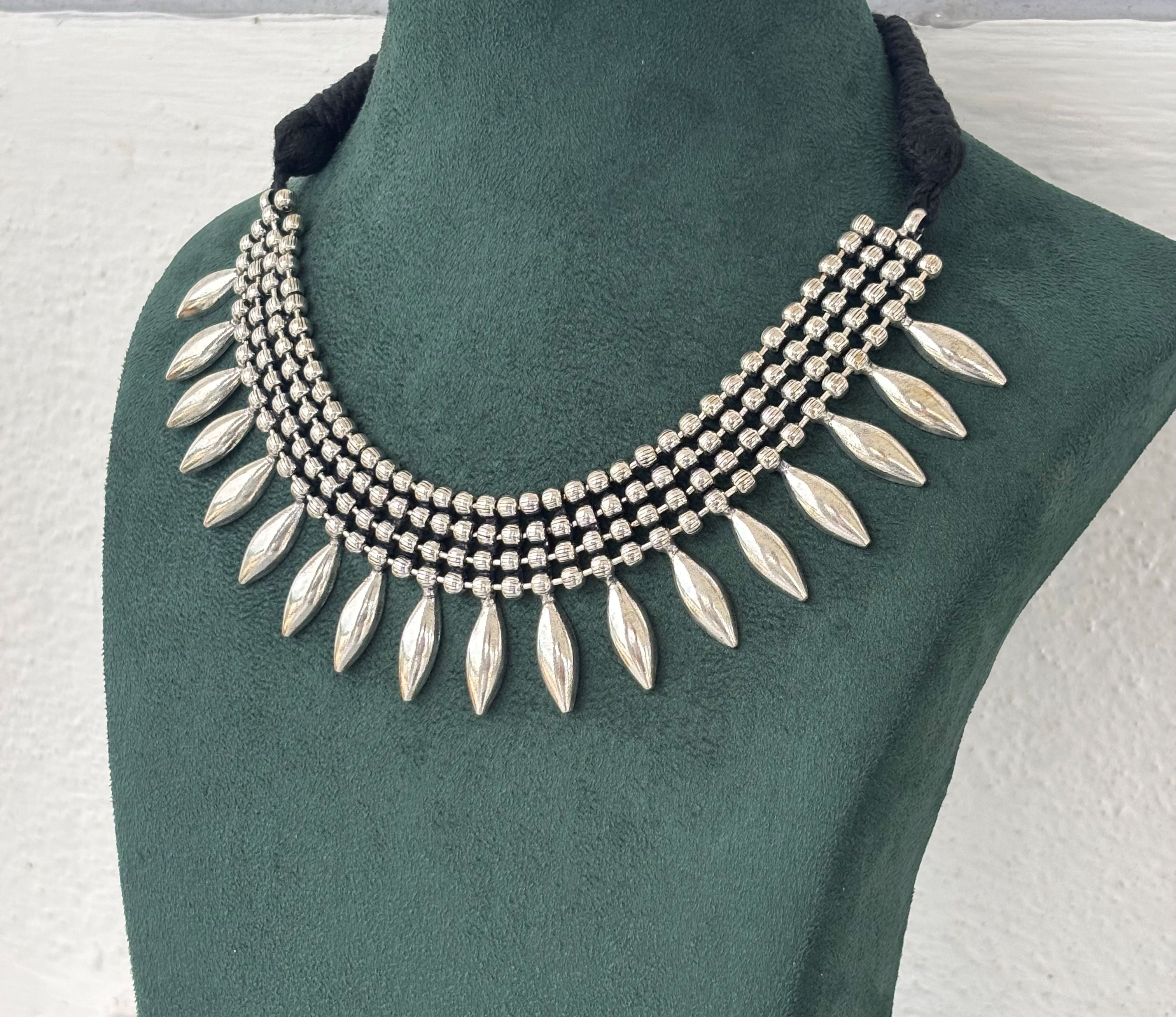 Oxidized Silver Necklace Set with Leaf Dangles