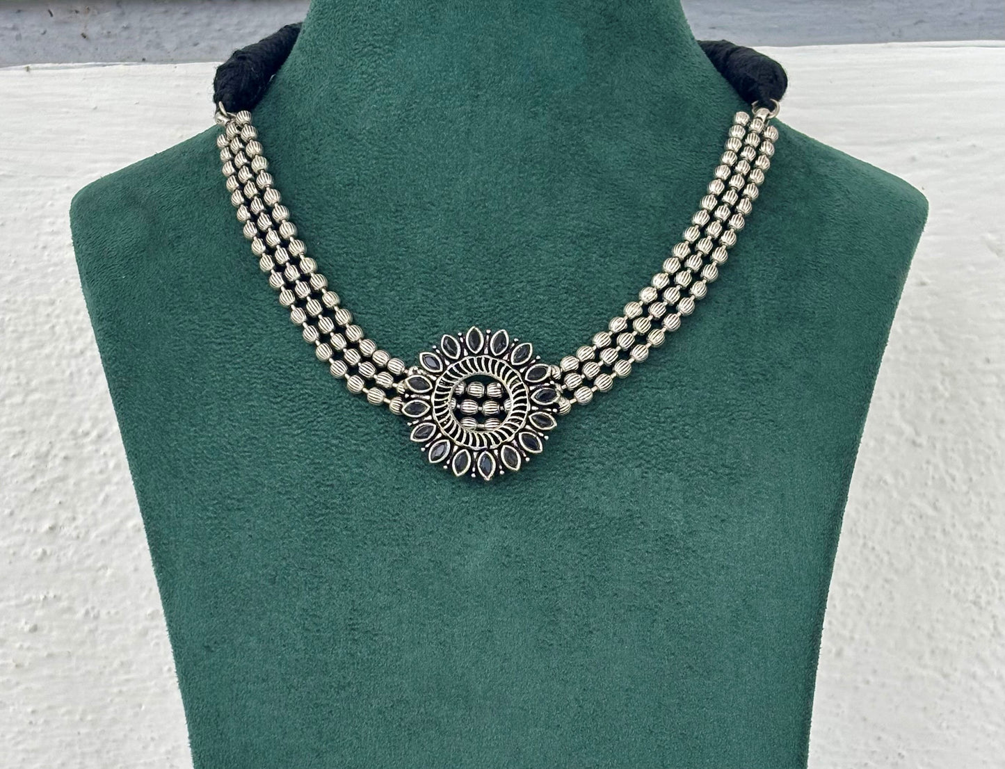 Necklace With Black Stone Floral Medallion