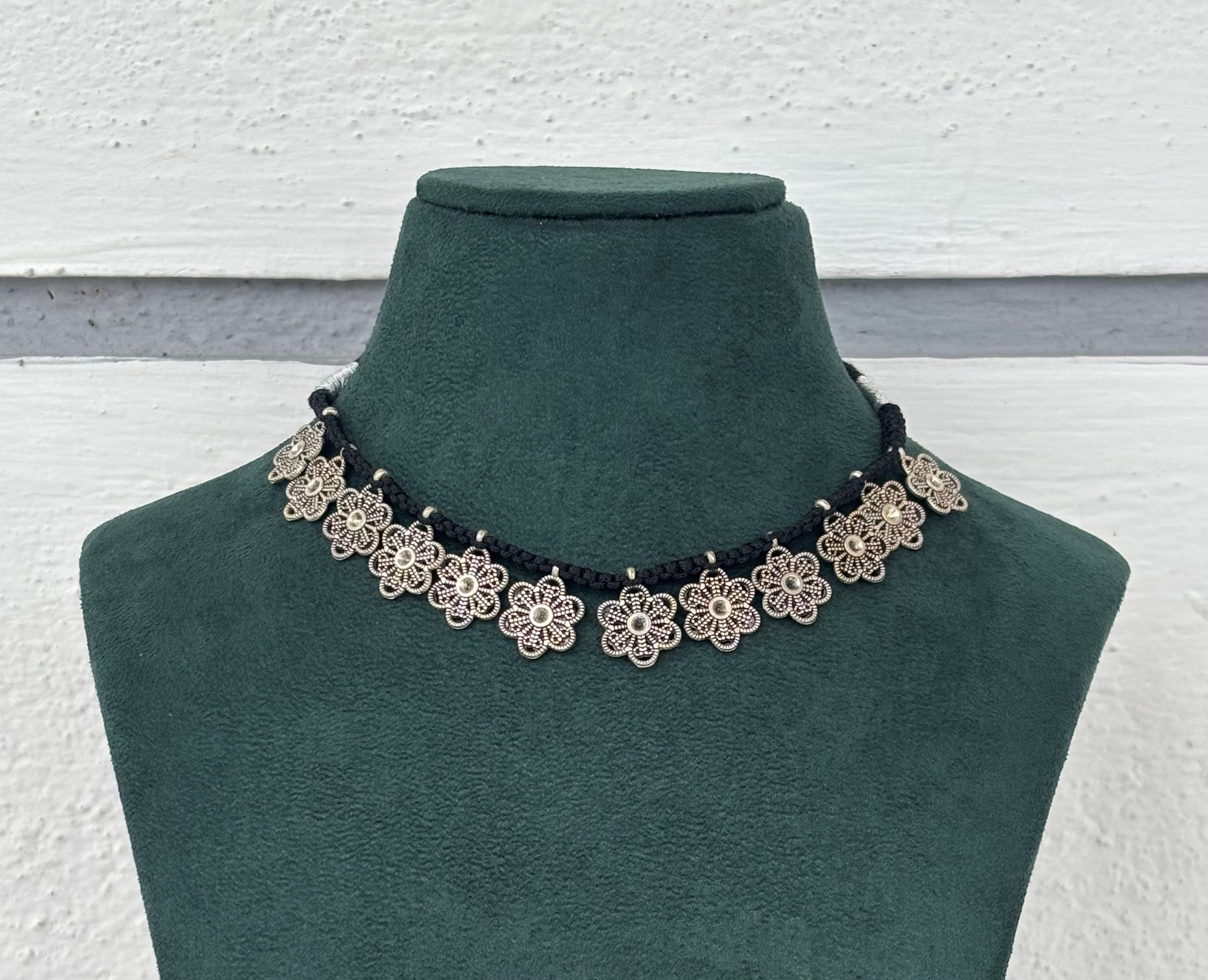 Oxidized Silver Flower Choker