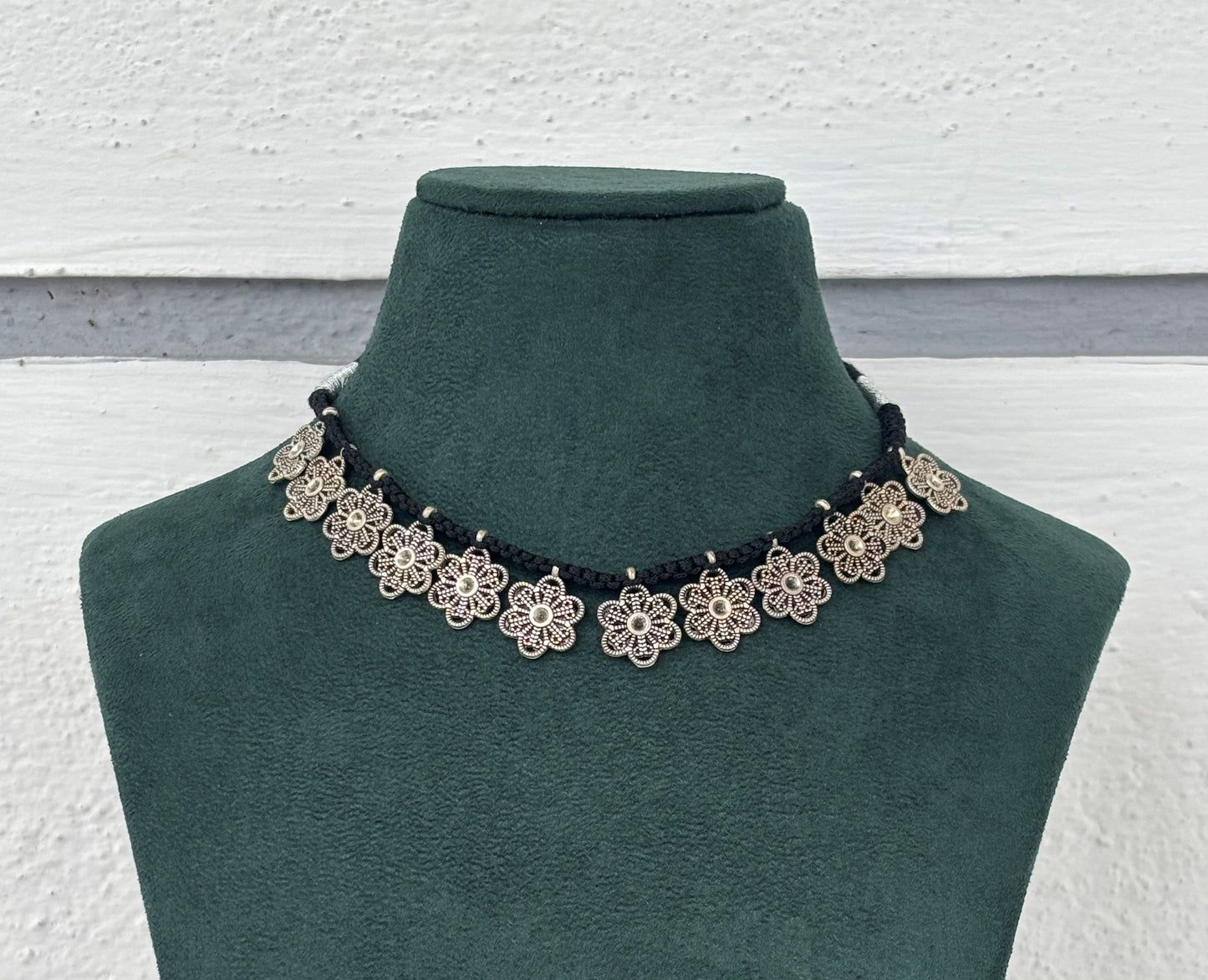 Oxidized Silver Flower Choker