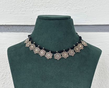 Oxidized Silver Flower Choker