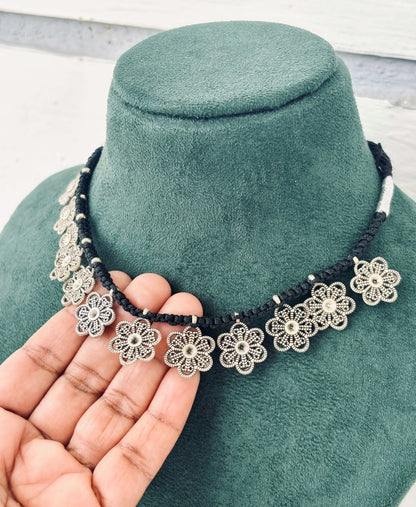 Oxidized Silver Flower Choker