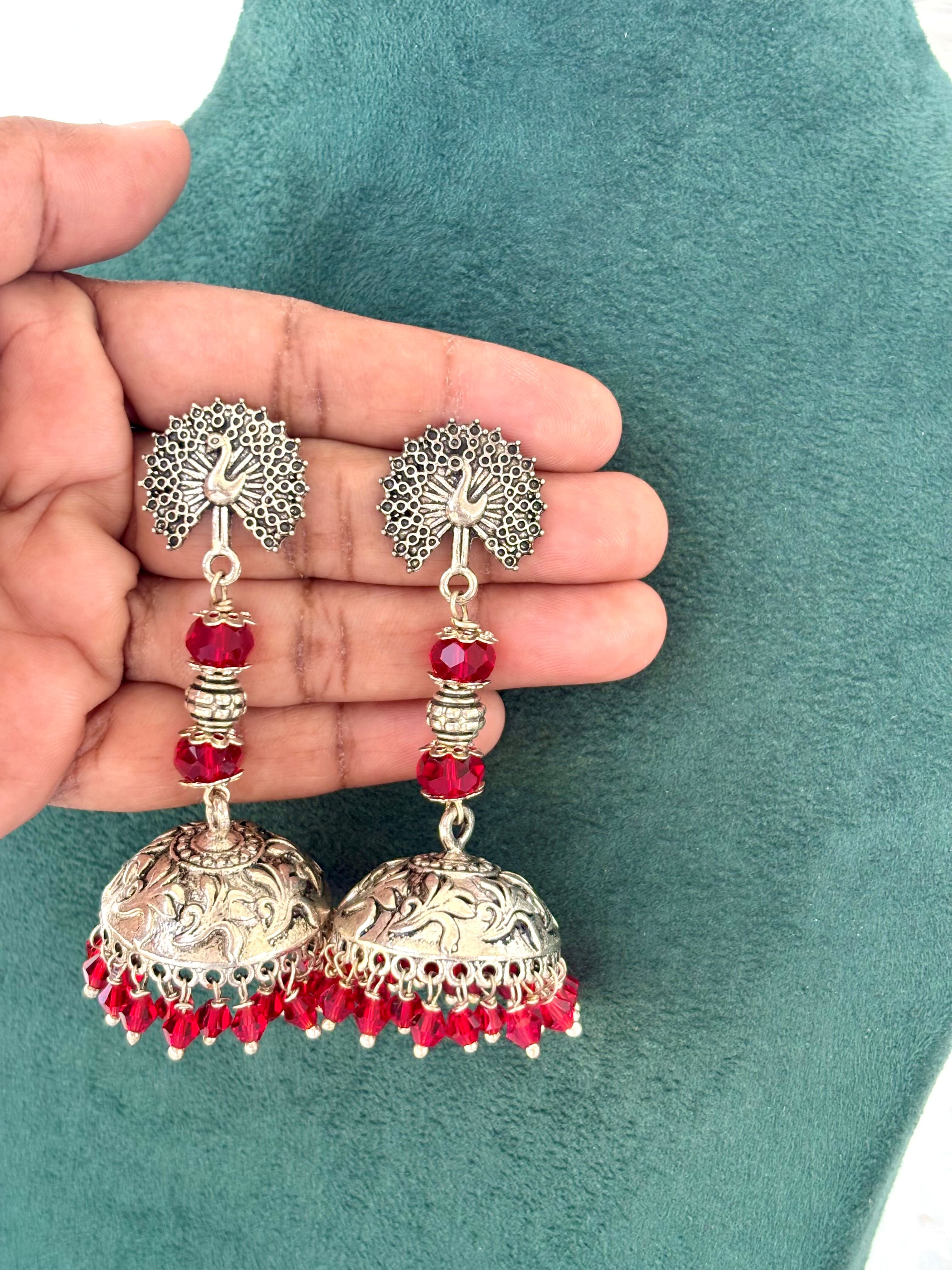 Peacock Jhumka Earrings with Red Crystal Beads