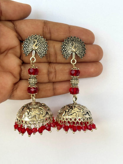 Peacock Jhumka Earrings with Red Crystal Beads