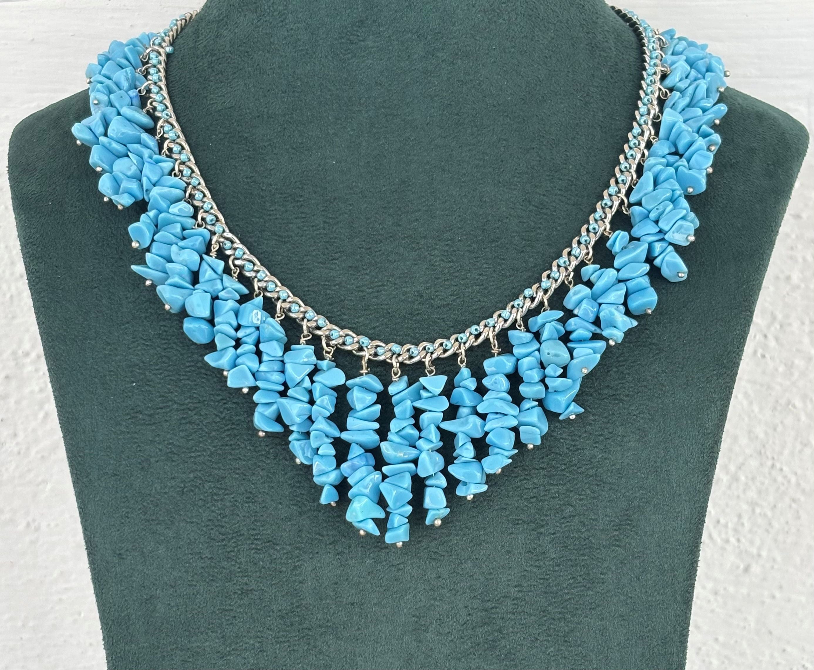 Turquoise Chip Bead Statement Bib Necklace Set