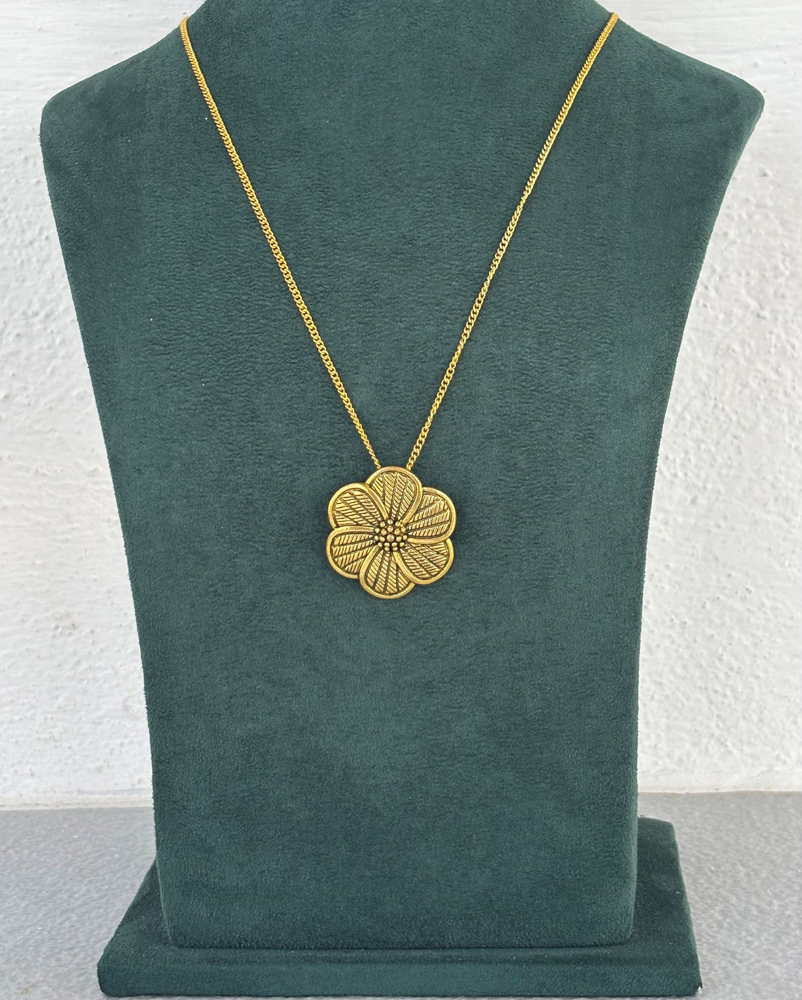 Antique Gold Floral Pendant Long Necklace Set