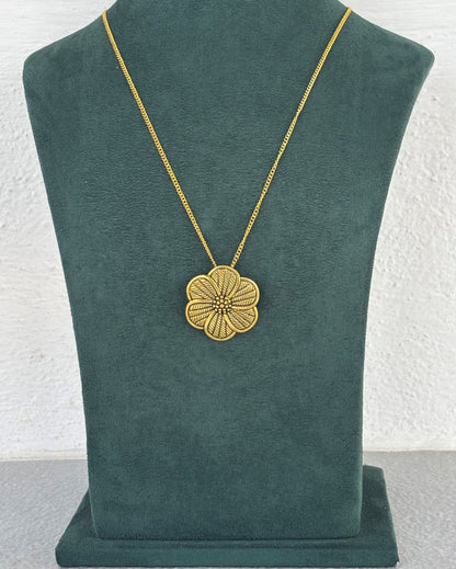 Antique Gold Floral Pendant Long Necklace Set
