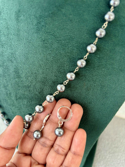 Elegant Grey Pearl Long Station Necklace Set