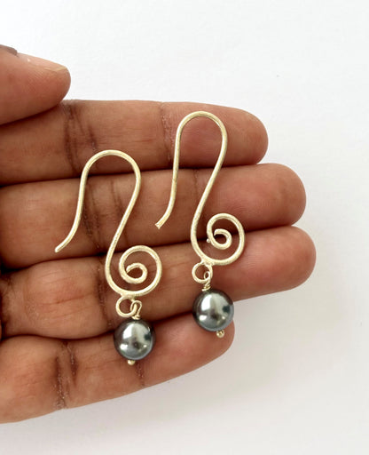 Handmade Spiral Swirl Earrings with Dark Grey Pearls