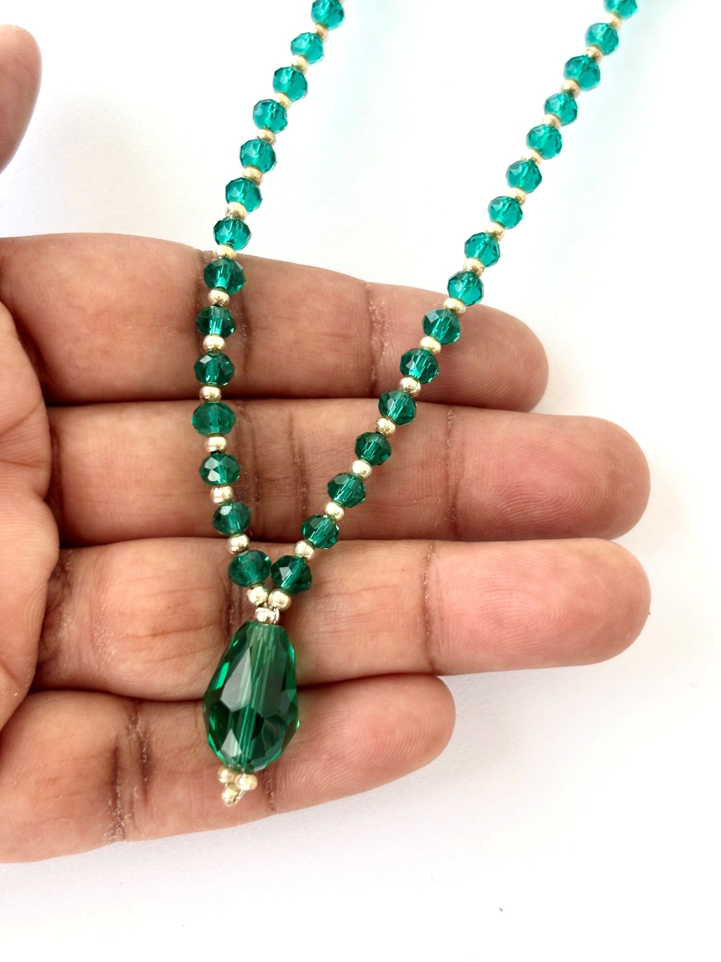 Emerald Green Crystal Necklace with Teardrop Pendant