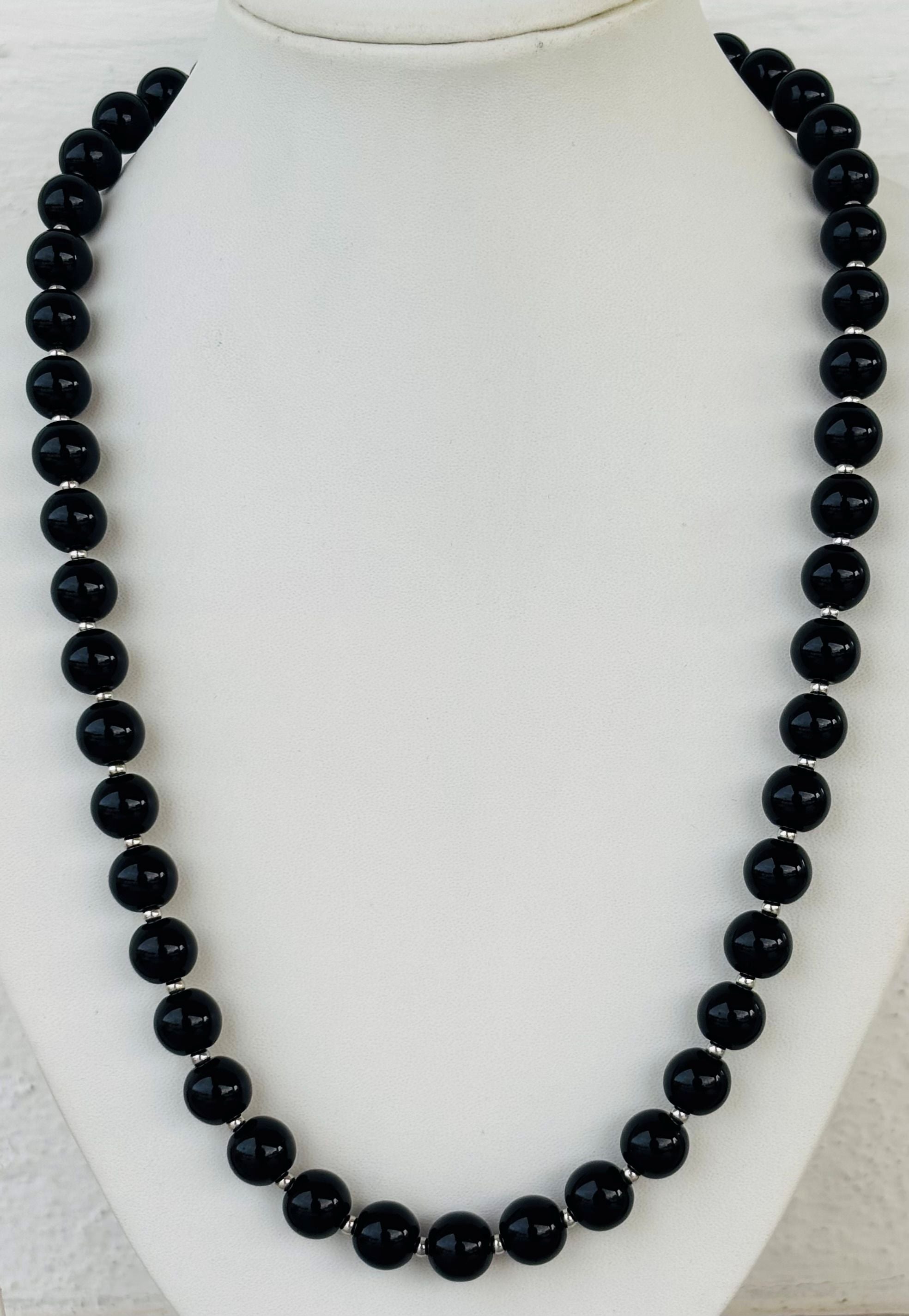 Classic Black Bead Necklace with Silver Spacers