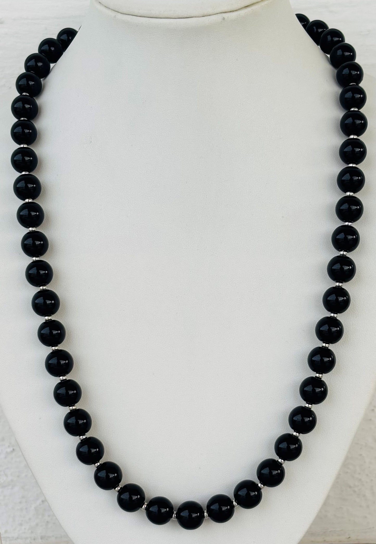 Classic Black Bead Necklace with Silver Spacers