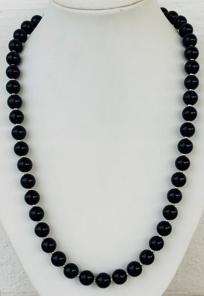 Classic Black Bead Necklace with Silver Spacers
