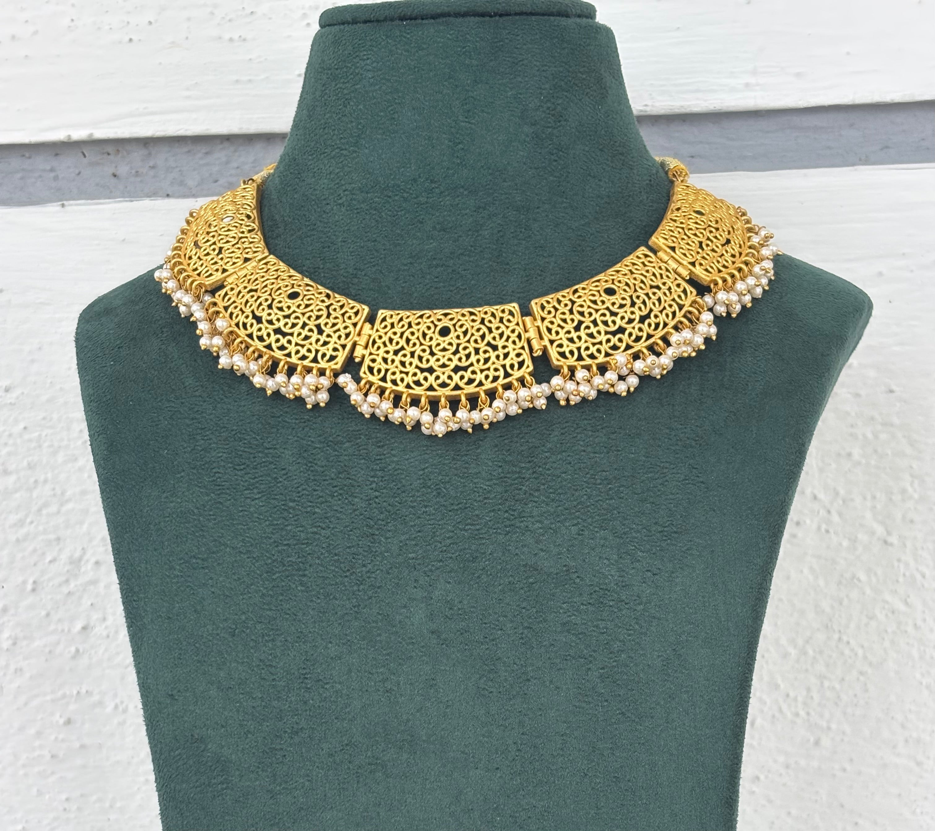 Matte Gold Jali Work Choker Necklace Set