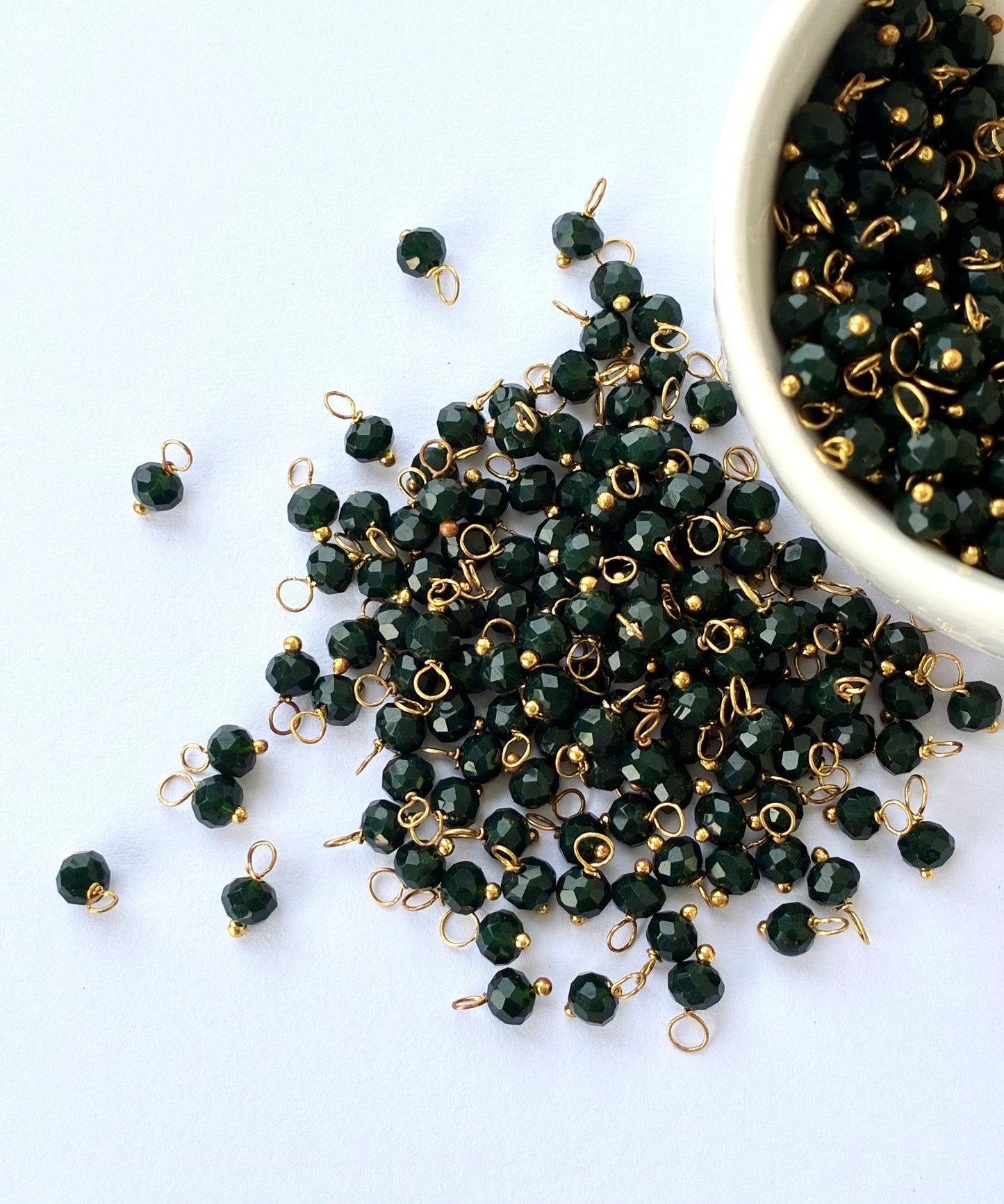 Faceted Bottle Green Bead Charms with Gold Wire