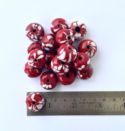Large Red and White Swirl Glass Beads