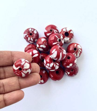 Large Red and White Swirl Glass Beads