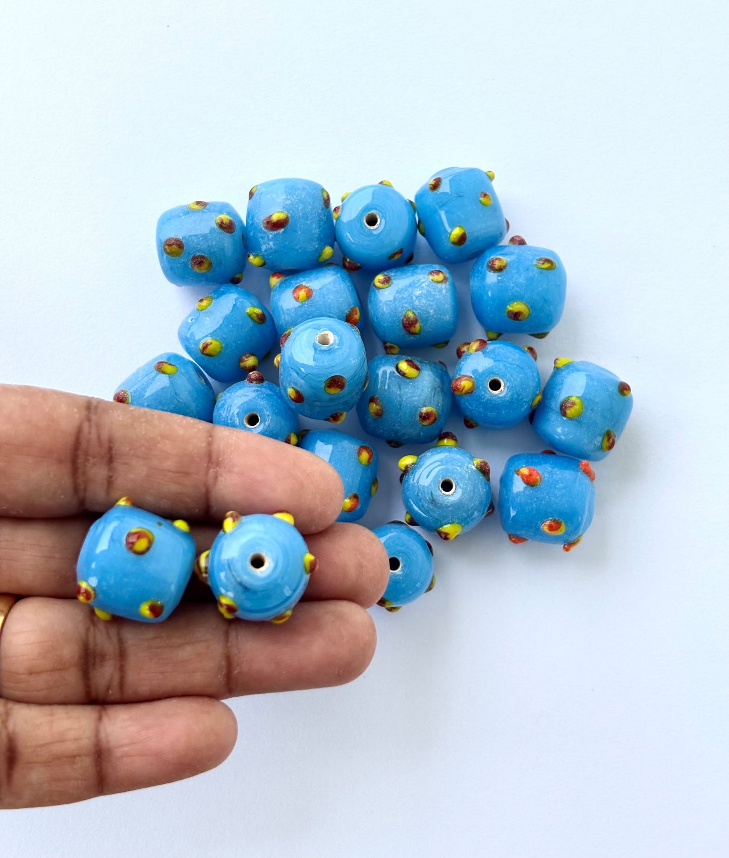 Large Blue Dotted Glass Cube Beads