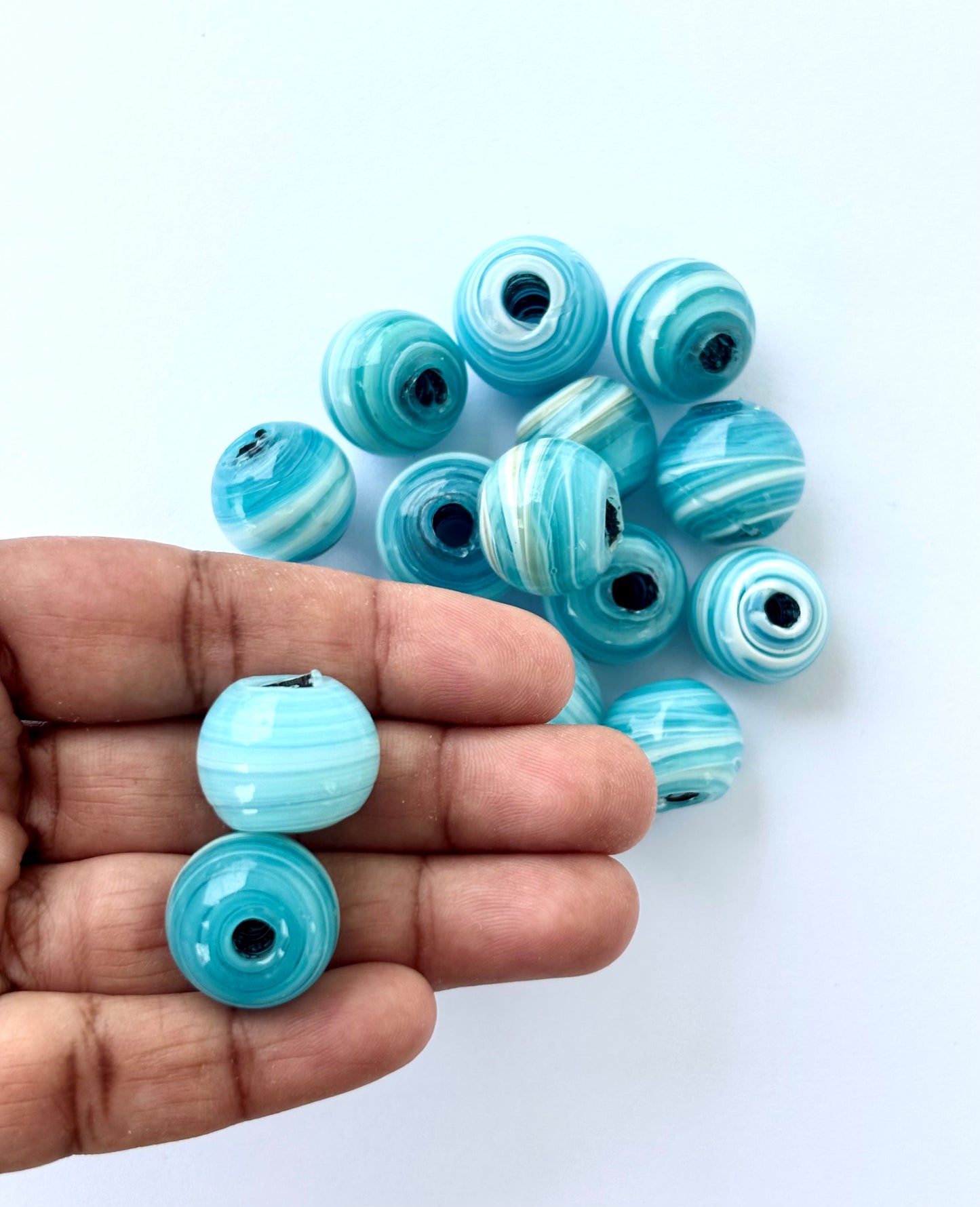 Large Teal and White Swirl Glass Beads