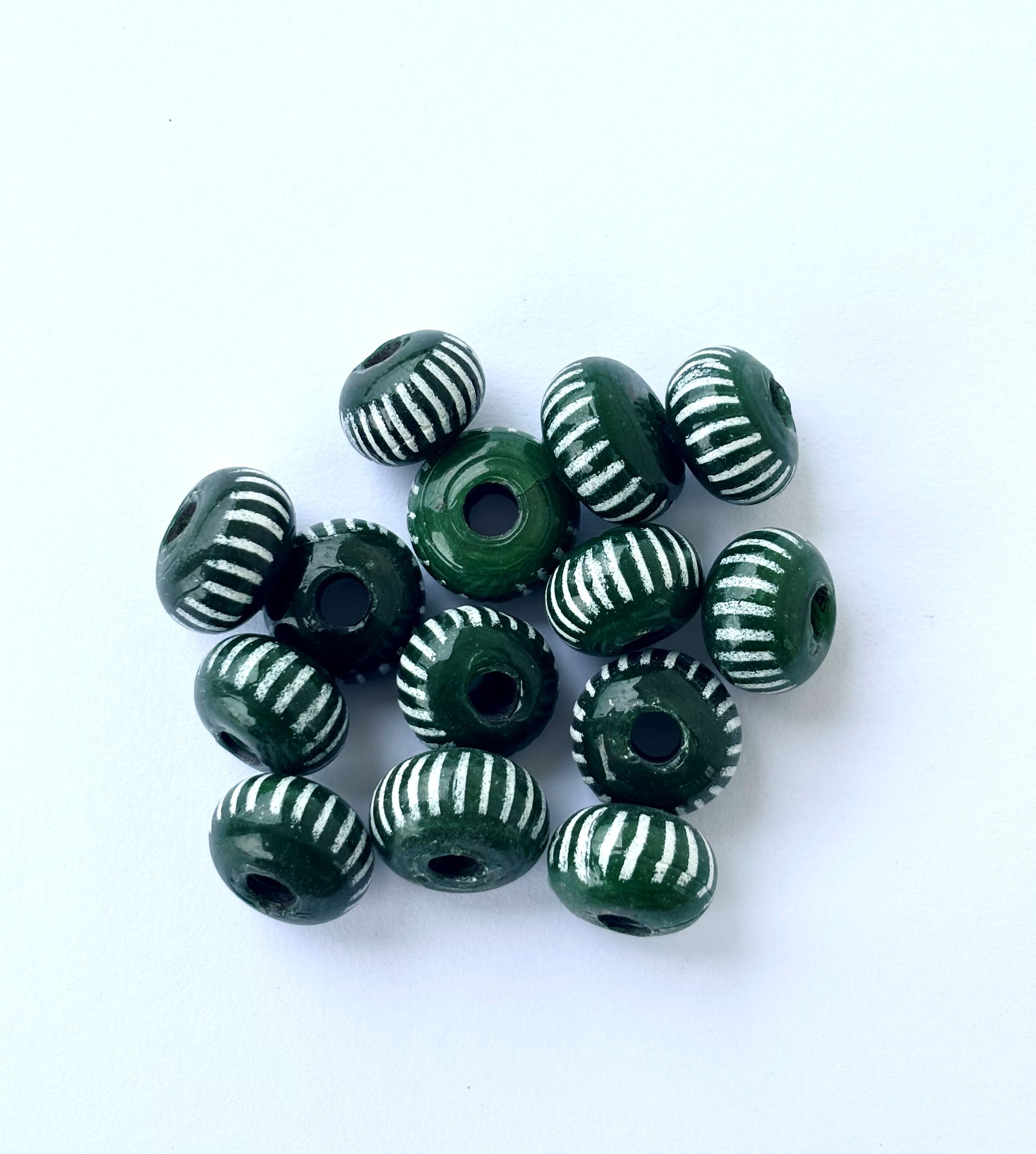 Large Forest Green and White Striped Glass Beads