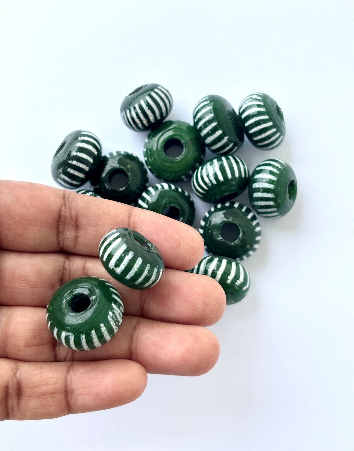 Large Forest Green and White Striped Glass Beads