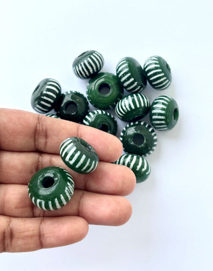Large Forest Green and White Striped Glass Beads
