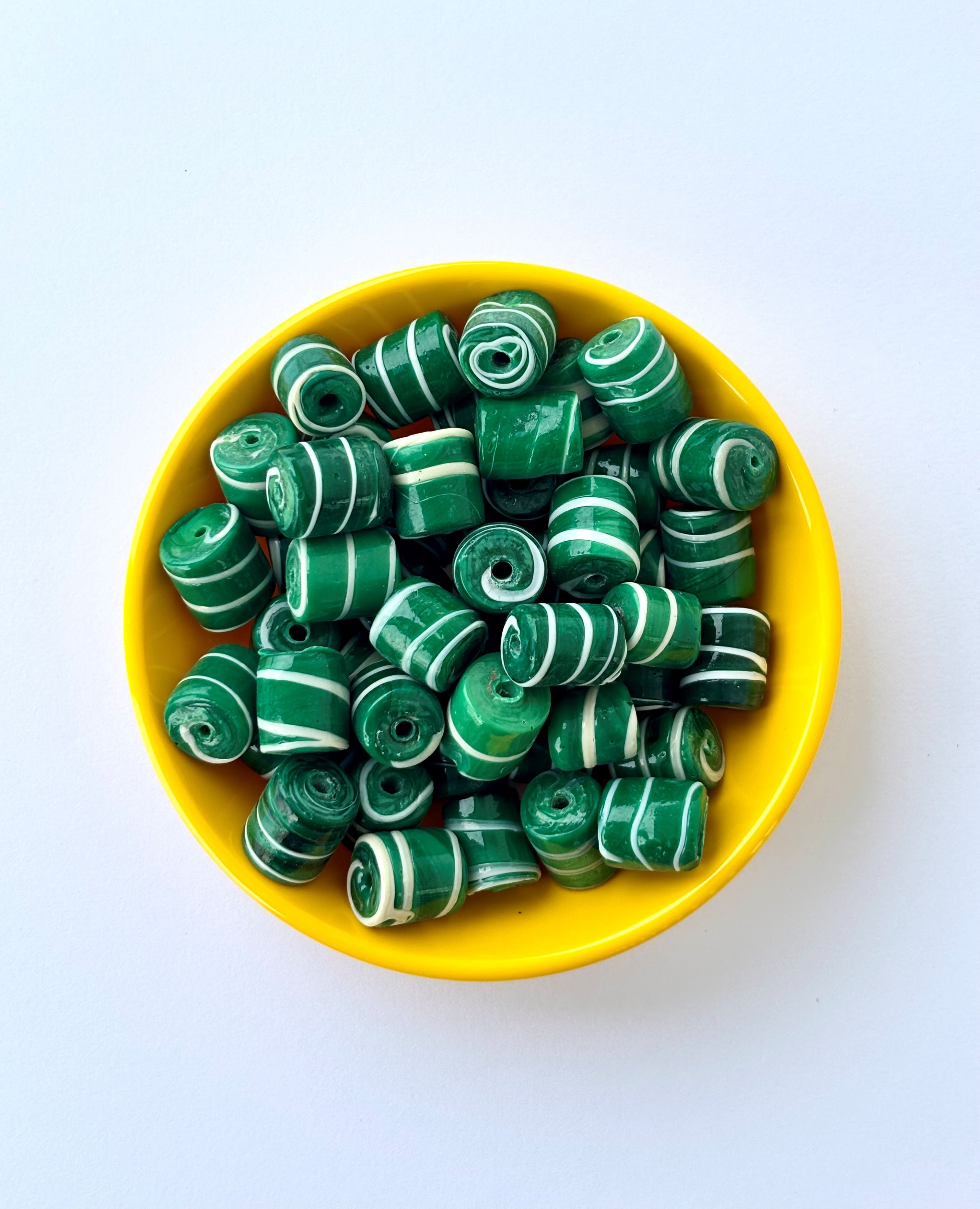 Large Green and White Swirl Glass Barrel Beads