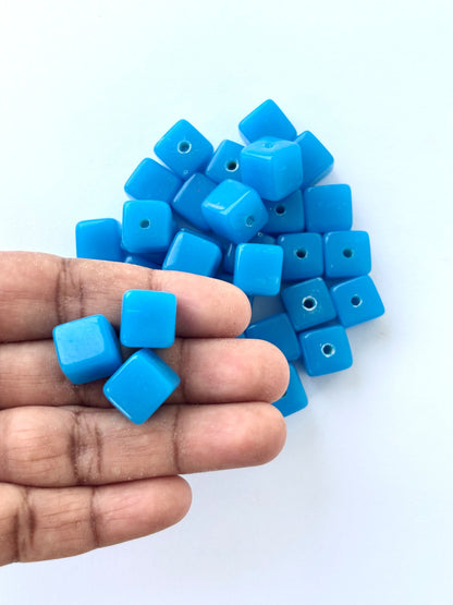 Large Bright Blue Glass Cube Beads