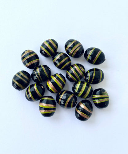 Large Black Beads with Lime Green and Gold Glitter Stripes