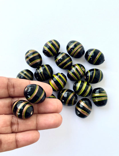 Large Black Beads with Lime Green and Gold Glitter Stripes
