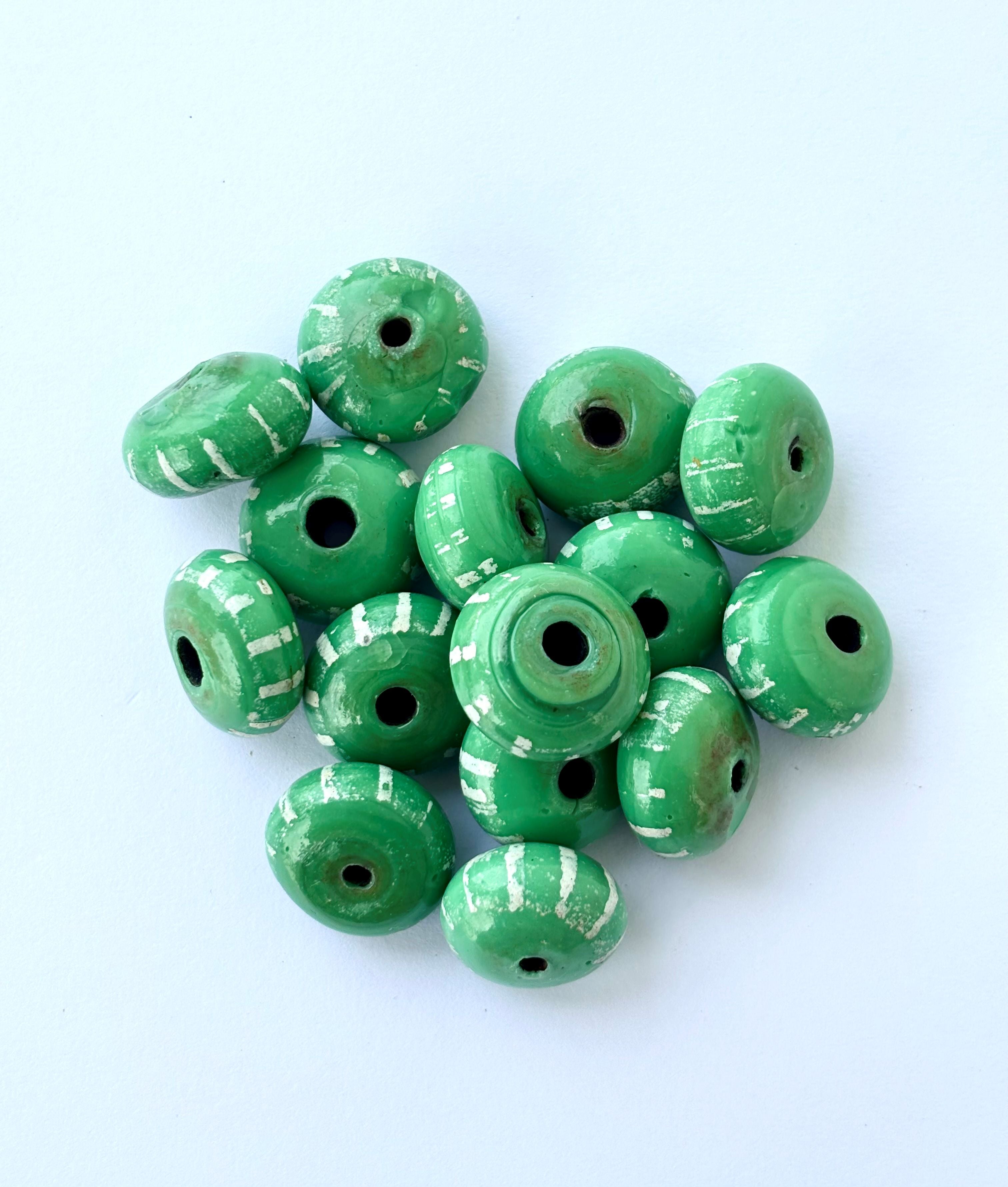 Large Rustic Green Hand-Painted Clay Beads