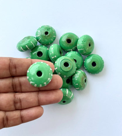 Large Rustic Green Hand-Painted Clay Beads
