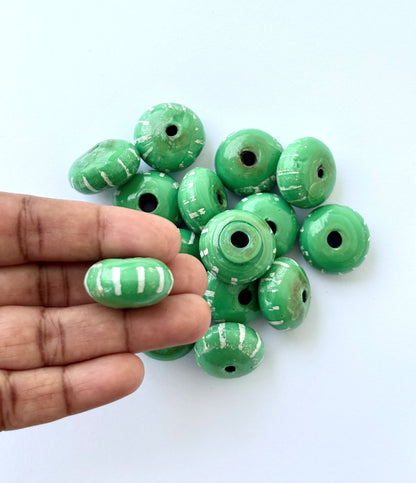 Large Rustic Green Hand-Painted Clay Beads