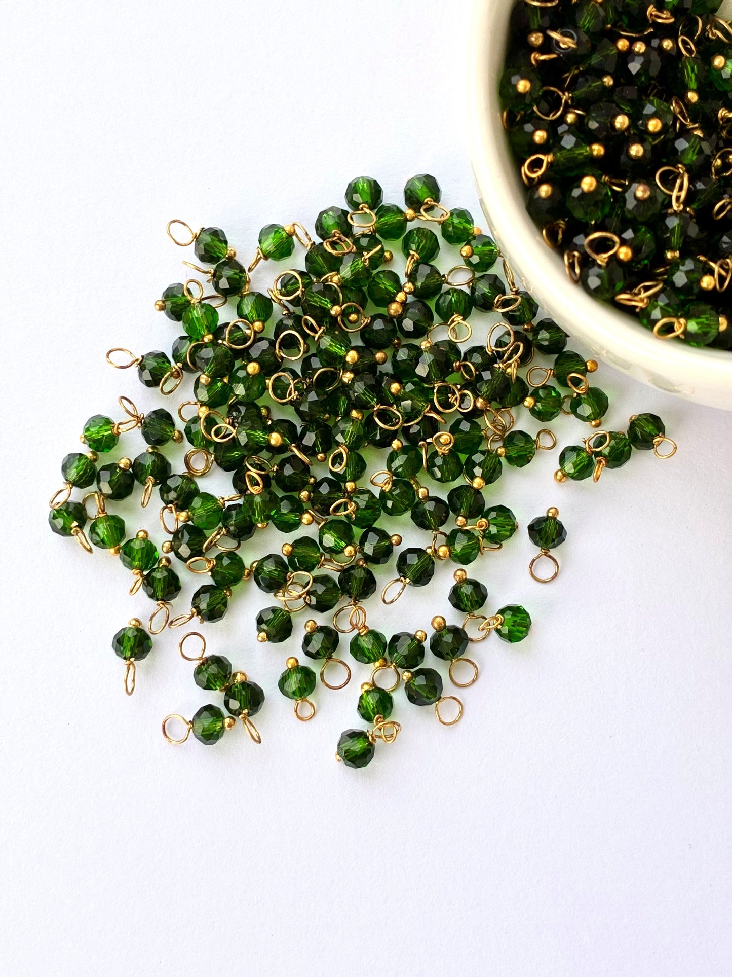 Faceted Emerald Green Bead Charms with Gold Wire