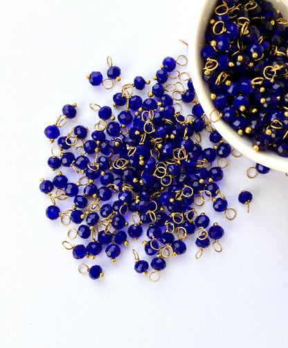 Faceted Deep Blue Bead Charms with Gold Wire