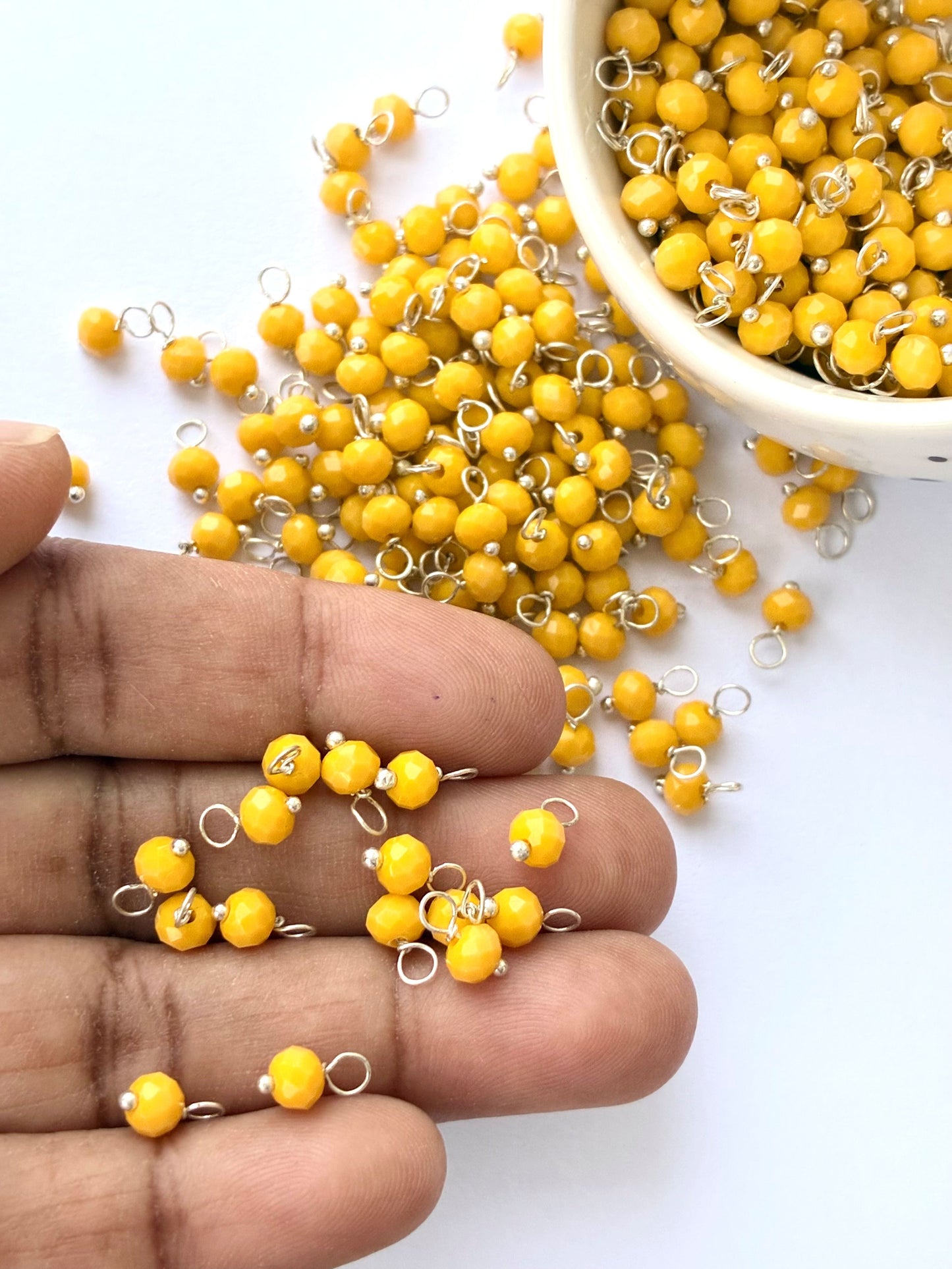 Faceted Mustard Yellow Bead Charms with Silver Wire