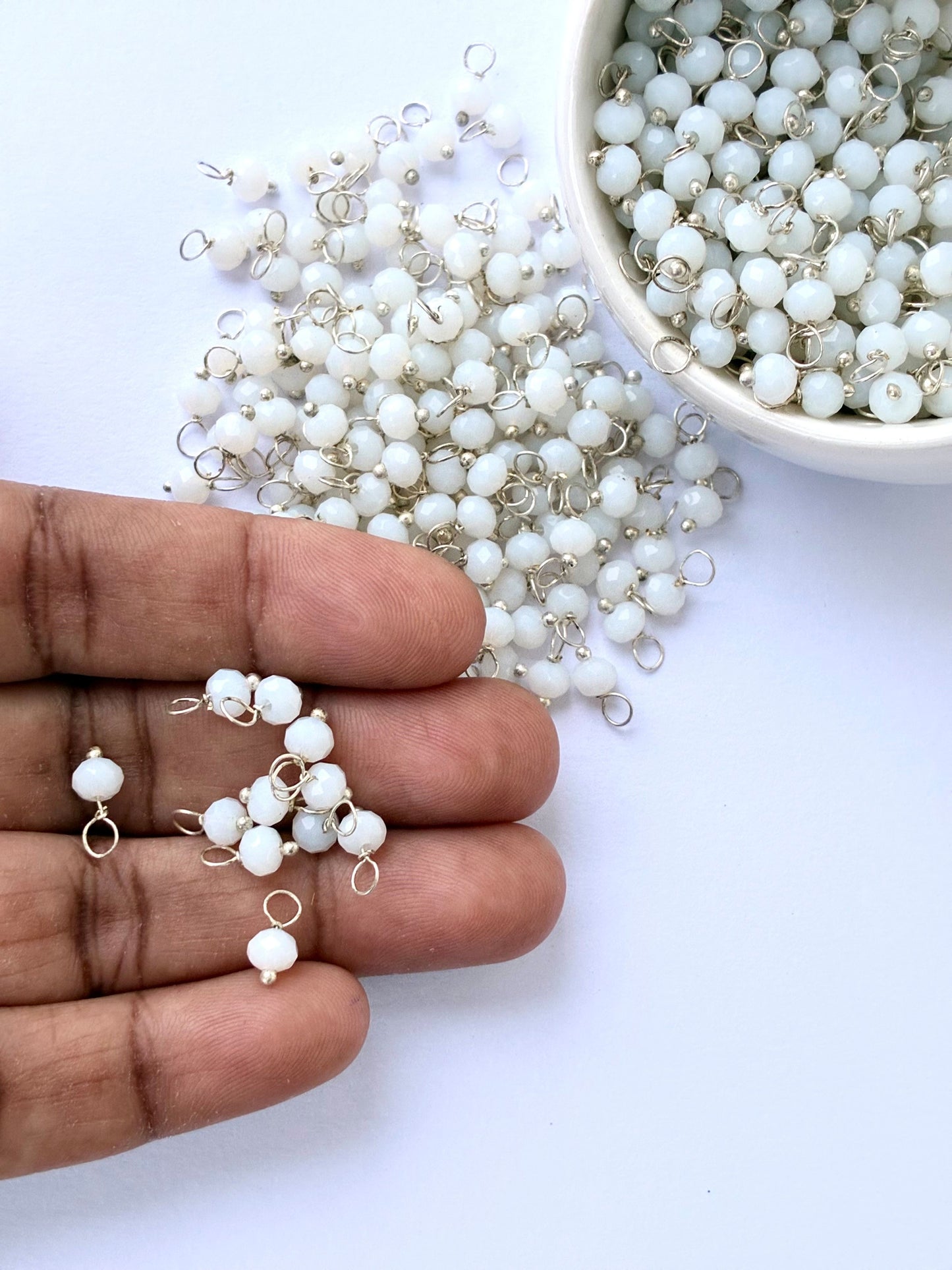 Faceted Milky White Bead Charms with Silver Wire