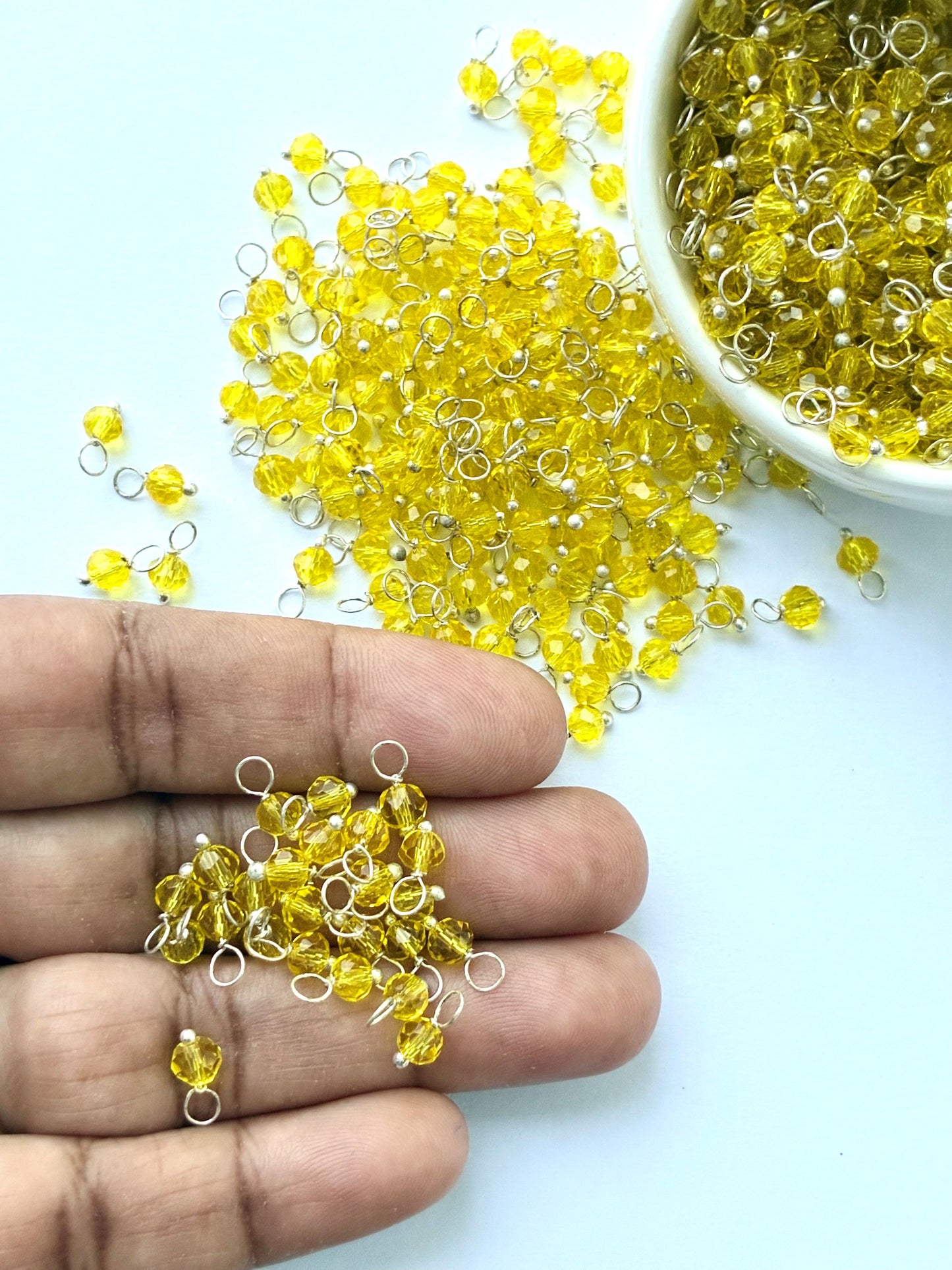 Faceted Lemon Yellow Bead Charms with Silver Wire